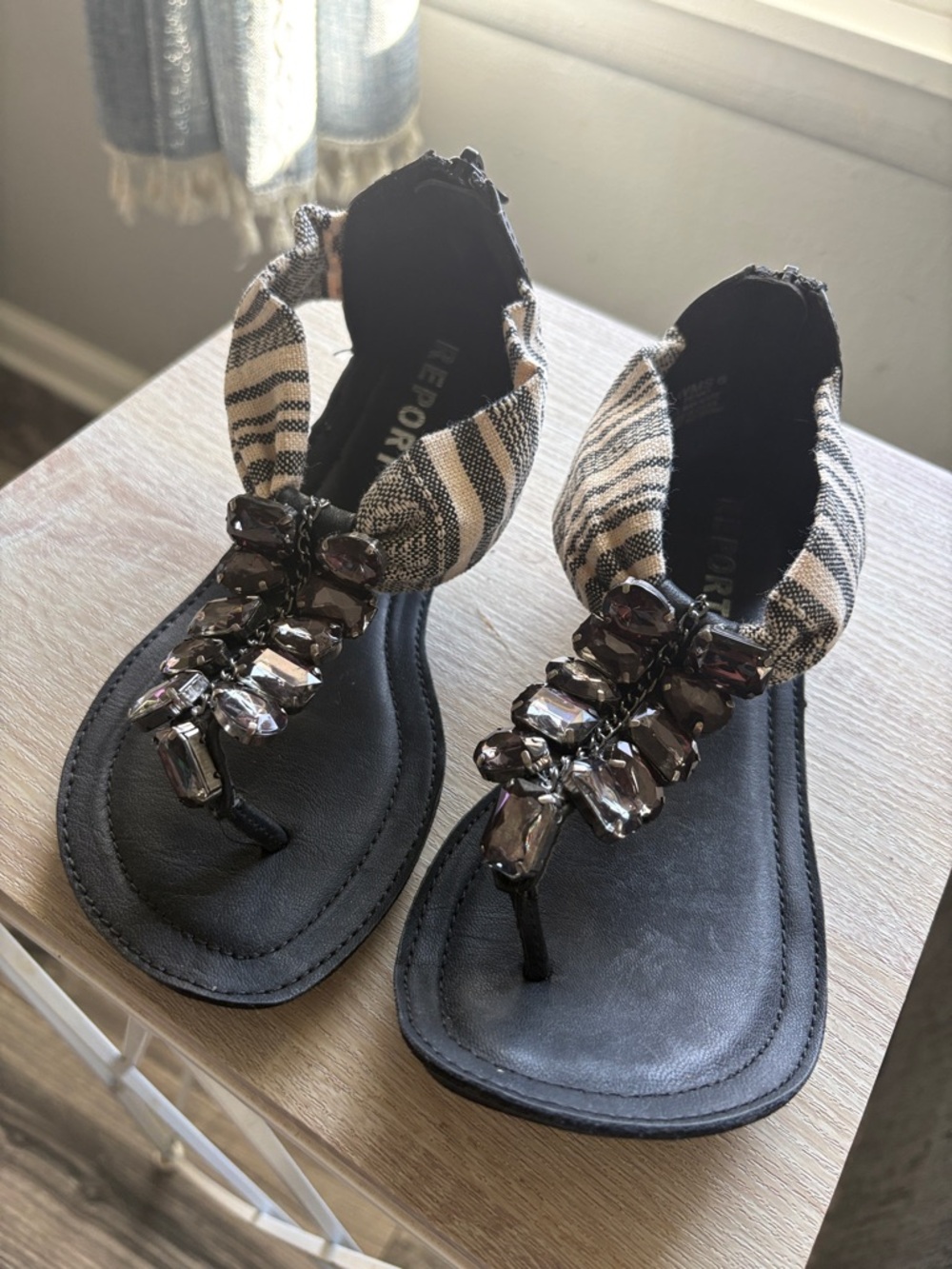 Report Striped T-Strap Sandals with Smoky Beads - Black and Cream